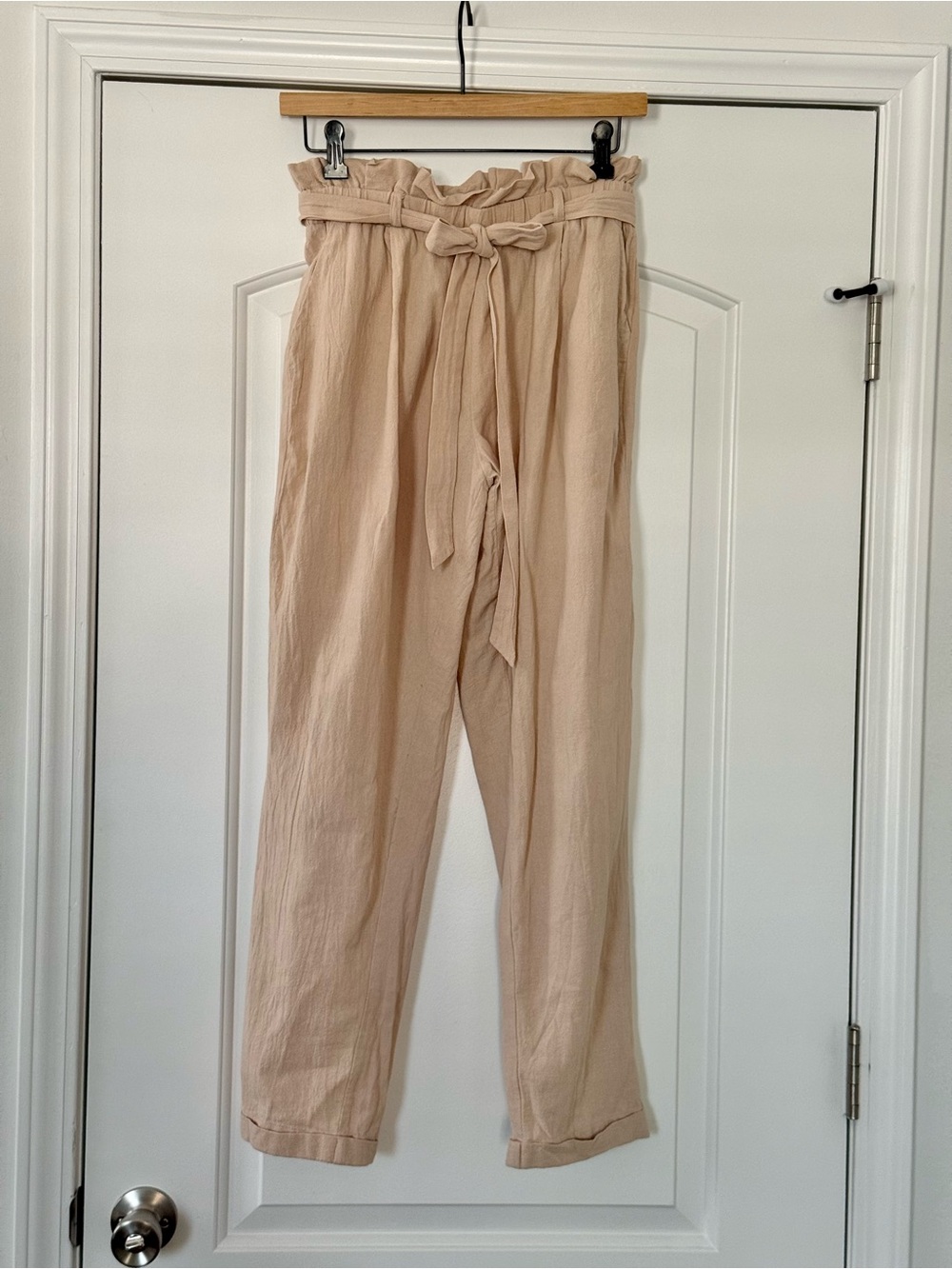 Paperbag Waist Trousers with Tie Belt in Beige
